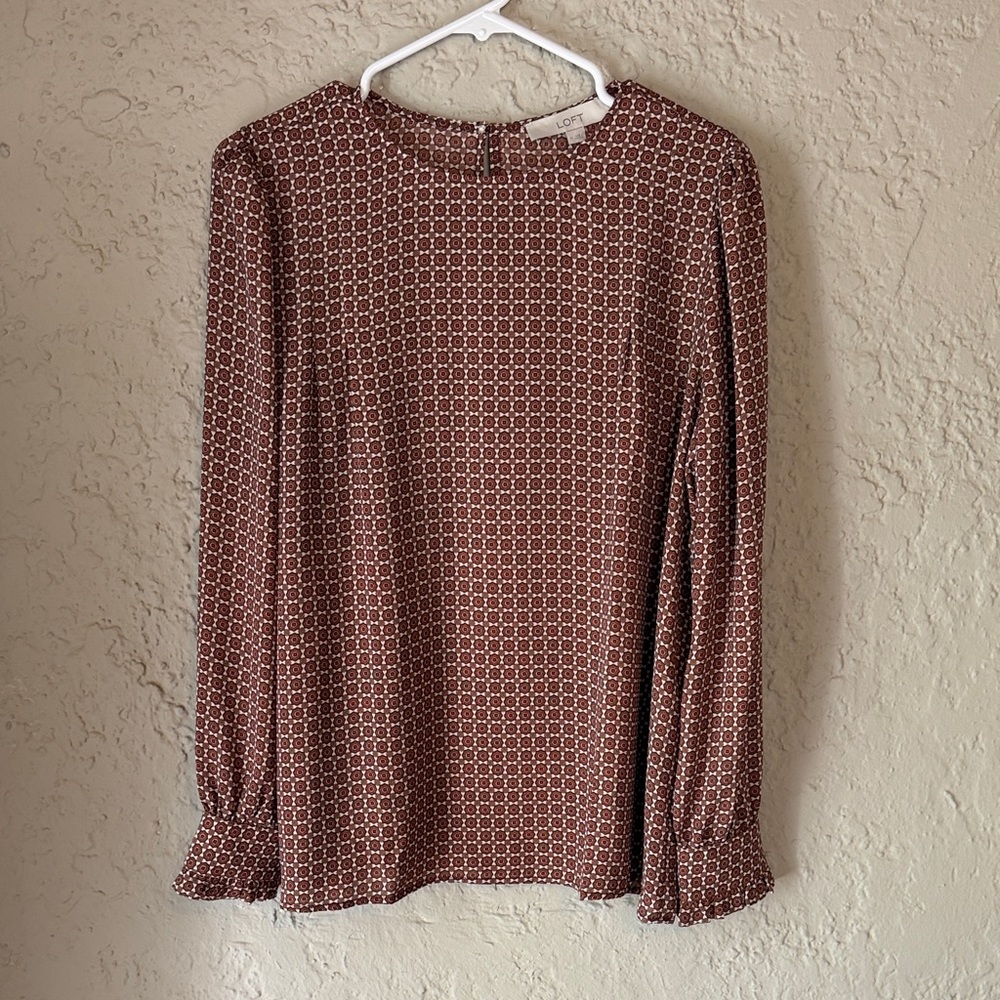 LOFT Long Sleeve Orange and Brown Geometric Print Blouse